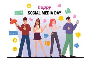 Illustration of young people texting on cellphones with social media emojis and a man with a megaphone. Happy Social Media Day celebration vector