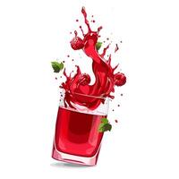 Splashes of red freshly and healthy raspberries juice with fruit slices and green leaves. clipart in flat style with berry drink isolated on white background for card, banner, flyer, design vector