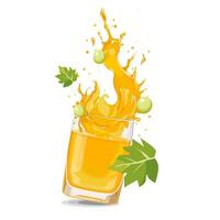 Splashes of yellow freshly and healthy grape juice with fruit slices and green leaves. clipart in flat style with drink isolated on white background for card, banner, flyer, design vector