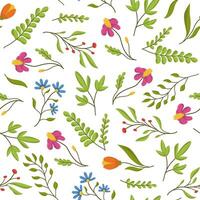 Seamless illustration of Spring Flowers and Leaves. Colored Spring wallpaper on a white background. vector