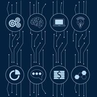 Artificial intelligence illustration. Modern cyberbrain concept. Machine learning and neural network. Artificial intelligence infographic banner. AI card with icons. vector