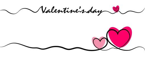 A minimalist Valentines Day featuring black wavy lines and pink hearts. cursive word Valentines day is displayed at the top. There is ample white space, perfect for adding personalized text vector