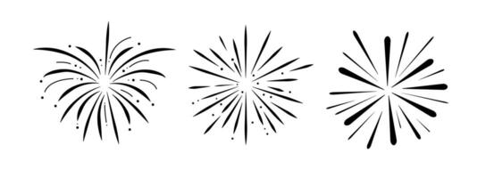 Set fireworks doodle line explosion radial sparkler with rays, hand drawn firecrackers simple and round decoration isolated on white background. vector