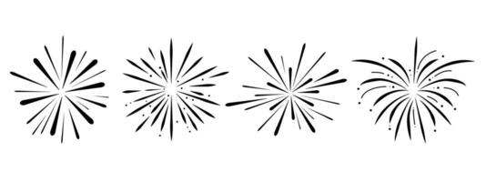 Set fireworks doodle line explosion radial sparkler with rays, hand drawn firecrackers simple and round decoration isolated on white background. vector