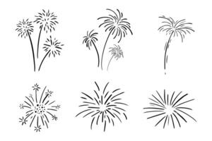 Set fireworks doodle line explosion radial sparkler with rays, hand drawn firecrackers simple and round decoration isolated on white background. vector