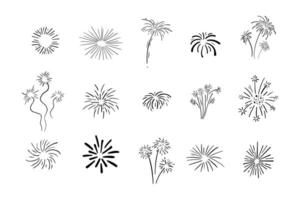 Set fireworks doodle line explosion radial sparkler with rays, hand drawn firecrackers simple and round decoration isolated on white background. vector