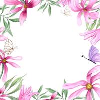 rosado magnolia, verde hojas y revoloteando mariposas primavera flores cuadrado romántico marco con Copiar espacio para texto. acuarela ilustración. para postales, invitación, saludo vector
