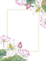 oriental loto flores ramo de flores de rosado blanco nenúfares, verde hojas. horizontal marco de agua lirio. floral composición con Copiar espacio para texto. acuarela ilustración para Boda saludo vector