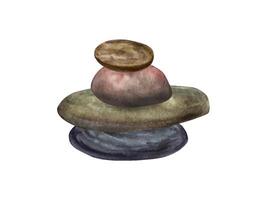 Slide of stones of different shapes and colors. Pyramid of limestones balancing on each other. Sea pebbles. Watercolor illustration. For creating new composition, spa centers vector