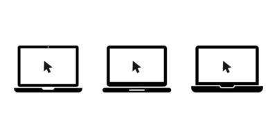 Laptop with pointer or cursor icon set. Notebook icon. Display with clicking mouse on white background. vector