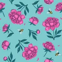 Seamless pattern with pink peonies and bees. graphics. vector
