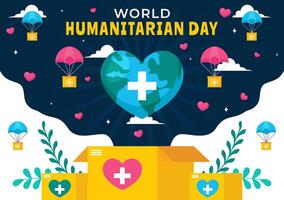 mundo humanitario día ilustración presentando un global celebracion de Ayudar gente, caridad, donaciones, y trabajar como voluntario en un plano antecedentes vector