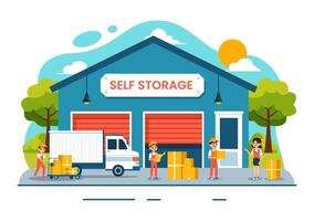 Self Storage Illustration featuring Cardboard Boxes Filled with Unused Items in a Mini Warehouse or Rental Garage in a Flat Cartoon Background vector