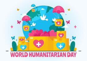 mundo humanitario día ilustración presentando un global celebracion de Ayudar gente, caridad, donaciones, y trabajar como voluntario en un plano antecedentes vector