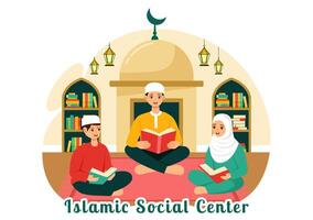 islámico social centrar ilustración presentando mezquitas, educativo instituciones para islámico estudios y desarrollo en plano dibujos animados antecedentes vector