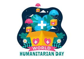 mundo humanitario día ilustración presentando un global celebracion de Ayudar gente, caridad, donaciones, y trabajar como voluntario en un plano antecedentes vector