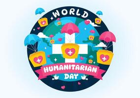mundo humanitario día ilustración presentando un global celebracion de Ayudar gente, caridad, donaciones, y trabajar como voluntario en un plano antecedentes vector