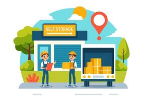 Self Storage Illustration featuring Cardboard Boxes Filled with Unused Items in a Mini Warehouse or Rental Garage in a Flat Cartoon Background vector