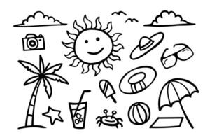 Hand drawn beach and summer theme with smiling sun, camera, palm tree, hat, ball, cup and umbrella vector