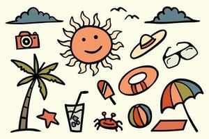 Beach and summer theme hand drawn collection. cartoon beach scene with smiling sun, palm tree, camera, hat, ball, glasses, crab and umbrella vector