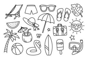 Beach and summer themed hand drawn collection including beach ball, sunglasses and suitcase. vector