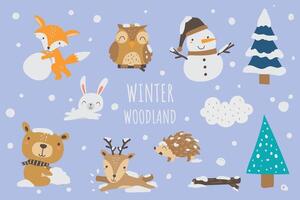 Cute woodland animals in winter theme, cute nursey animals, cute fox,hadgehod,deer,bear,bunny,rabbit illustration. vector