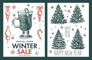 Christmas set in sketch style, winter sale. Hand drawn illustration. vector