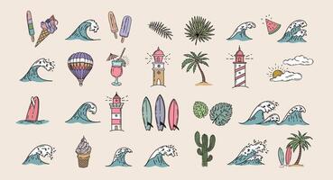 Summer icon set, hand drawn illustration. vector