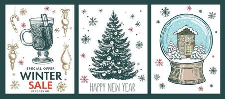 Christmas set in sketch style, winter sale. Hand drawn illustration. vector