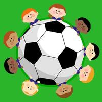 Children soccer players athletes and football sports ball. Soccer ball and a boys children team. vector