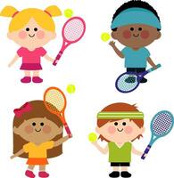 Niños y muchachas jugando tenis con raquetas y tenis pelotas. tenis jugadores niños, niños Atletas. vector