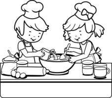 niños cocineros en Cocinando clase. un pequeño chico y un pequeño niña Cocinando en el cocina a hogar. negro y blanco colorante página vector