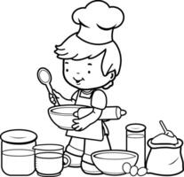 Child cook baking at home playing bakery. Little boy chef with kitchen utensils, preparing to cook. Black and white coloring page vector