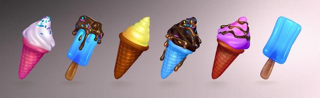 3d colorful set of ice cream in color waffle cones with vanilla .Blue fruit ice cream on the sticks with chocolate drips. 3d sweet set. Cold dessert. eps 10 vector