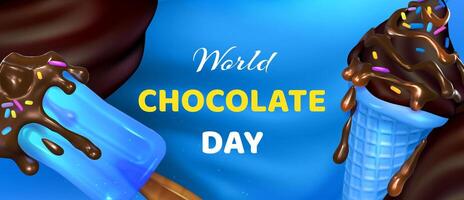 World Chocolate Day on the blue background. Chocolate drips on Ice cream in a cone and on a stick. Colorful ice cream advertising concept. Realistic 3d design in cartoon style vector