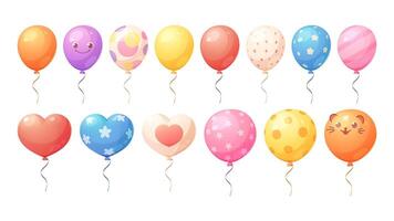 conjunto de vistoso globos con diferente patrones. redondo globos, corazón conformado globos dibujos animados elementos para diseño de vacaciones, cumpleaños fiesta vector