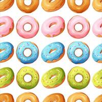 Seamless donut pattern with donuts with colorful glaze. Desserts, pastries, doughnuts packaging. ornament on white background vector