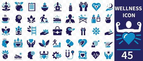 bienestar icono colocar. conteniendo masaje, yoga, spa, relajación, salud, ejercicio, dieta, bienestar, meditación, aromaterapia y más. sólido icono recopilación. vector