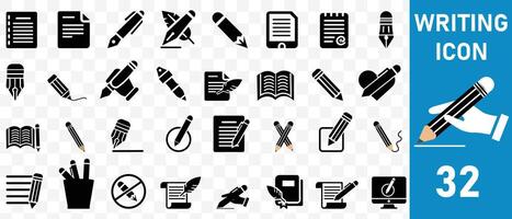 Writing icon set. Containing pen, write, pencil, note, edit, writer, document, nib, text and more. Solid icons collection. vector