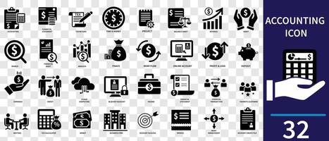 Accounting icon set. Containing financial statement, accountant, financial audit, invoice, tax calculator, business firm, tax return, income and balance sheet icons. Solid icon collection vector