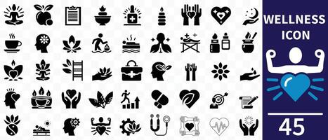 Wellness icon set. Containing massage, yoga, spa, relaxation, health, exercise, diet, wellbeing, meditation, aromatherapy and more. Solid icon collection. vector