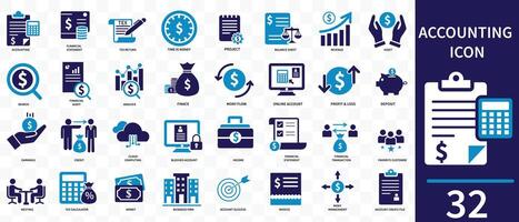 Accounting icon set. Containing financial statement, accountant, financial audit, invoice, tax calculator, business firm, tax return, income and balance sheet icons. Solid icon collection vector