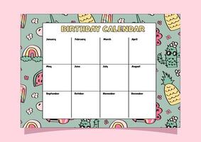 Boho-styled kids' birthday calendar with a cute summer pattern in the background. vector