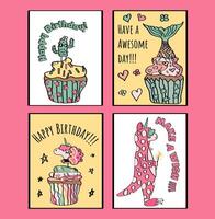 Set of kids' happy birthday cards with cute cupcakes and a unicorn in pyjamas. vector