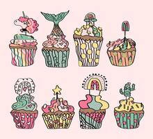 colección de niños' contento cumpleaños magdalenas con linda pastel toppers vector