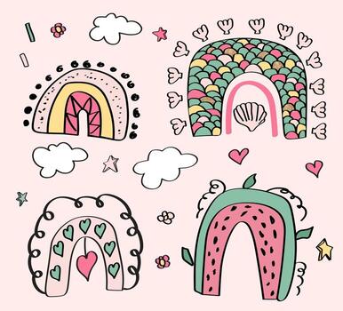 Set of boho rainbows with clouds and stars. Mermaid scale boho rainbow and watermelon rainbow collection. vector