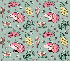 Cute summer unicorn kids' pattern. Nursery kids' pattern design with a unicorn, and watermelon. Pineapple and cactus. vector
