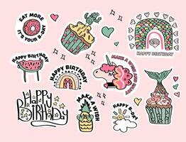 Kids' happy birthday stickers collection with a unicorn head, cupcakes, watermelon and boho rainbows. vector