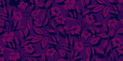 Burgundy silhouettes blooming wild floral stems intertwined in a seamless pattern. hand drawing. Abstract plain botanical printing on a violet background. Nature ornament for textile, fabric vector