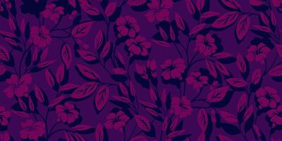 Burgundy silhouettes blooming wild floral stems intertwined in a seamless pattern. hand drawing. Abstract plain botanical printing on a violet background. Nature ornament for textile, fabric vector